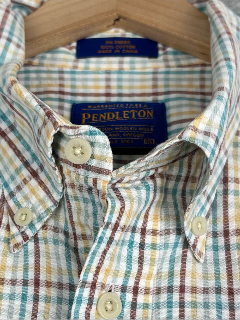 Pendleton Shirt Mens XL Brown Green Plaid Short Sleeve Button Down Seersucker